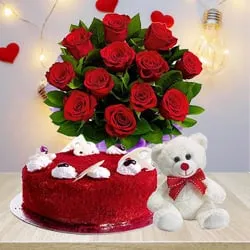 Delightful Red Roses Bouquet with Red Velvet Cake N Teddy