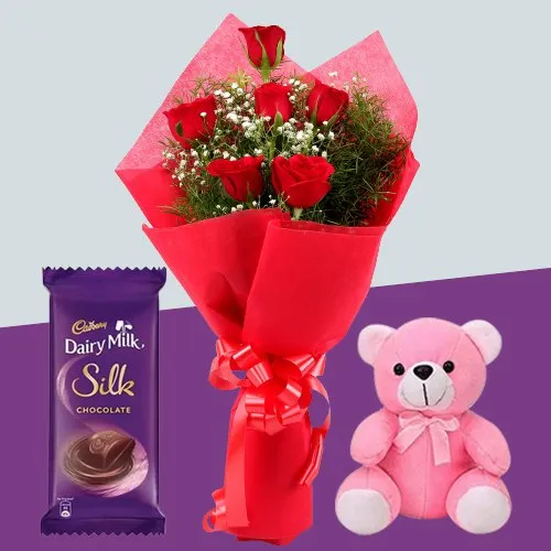 Buy Dairy Milk Silk with Teddy N Red Roses Bouquet