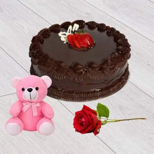 Deliver Red Rose with Teddy N Chocolate Cake