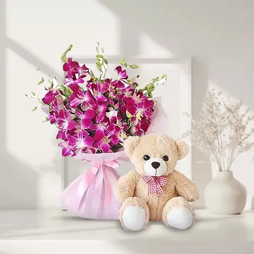 Send Orchids Bunch with Teddy