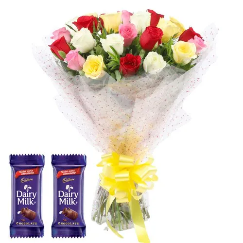 Online Bouquet of Mixed Roses with Dairy Milk Crackle