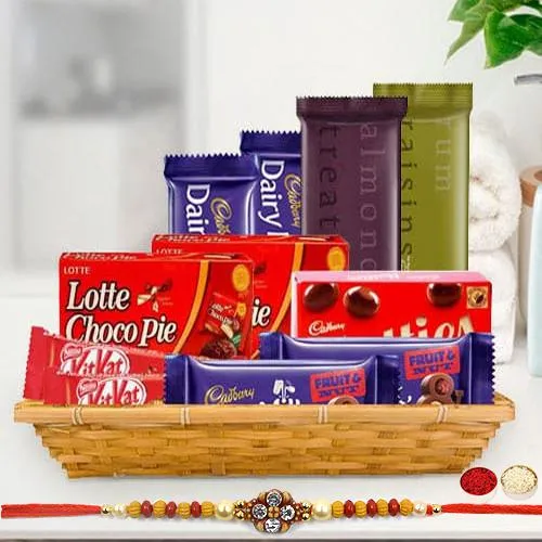 Gift Hamper of Tasty Chocolate with 1 Rakhi, Roli, Tilak and Chawal