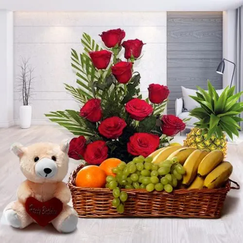 Order Teddy with Mixed Fruits Basket and Roses Arrangement