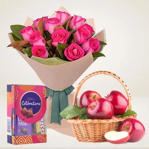 Buy Apples Basket and Cadbury Celebrations Mini Pack with Bunch of Roses