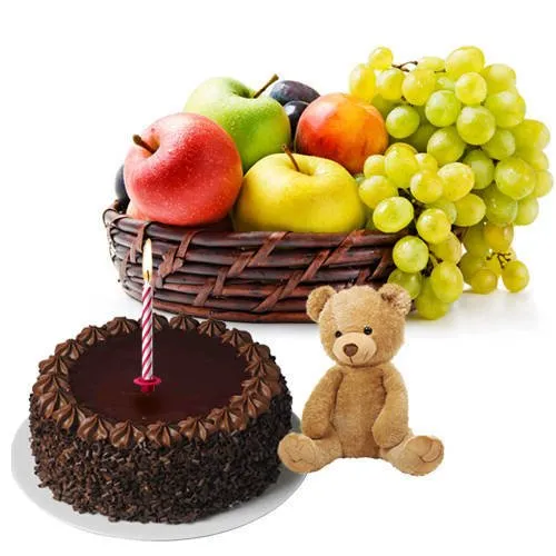 Online Combo of Fruits Basket, Teddy with Candles and Chocolate Cake