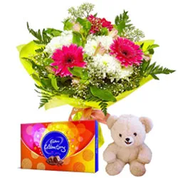 Buy Flowers Bouquet with Small Teddy and Cadbury Celebrations Pack