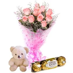 Buy Ferrero Rocher with Pink Roses Bouquet and Teddy