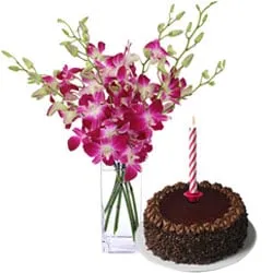 Send Chocolate Cake with Candles and Orchids in Vase