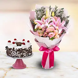 Mixed Flowers Bouquet with Black Forest Cake