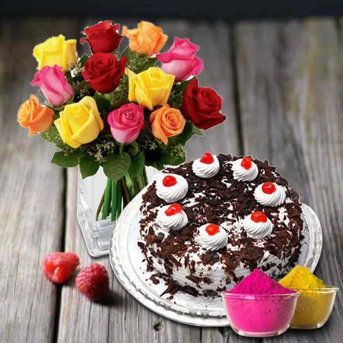 Exclusive multicolor Roses with yummy Black Forest Cake from 5 Star