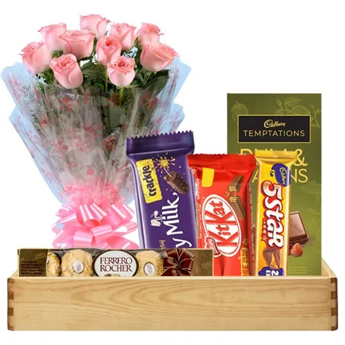 Yummy Chocolates Hamper with Pink Roses Buquet