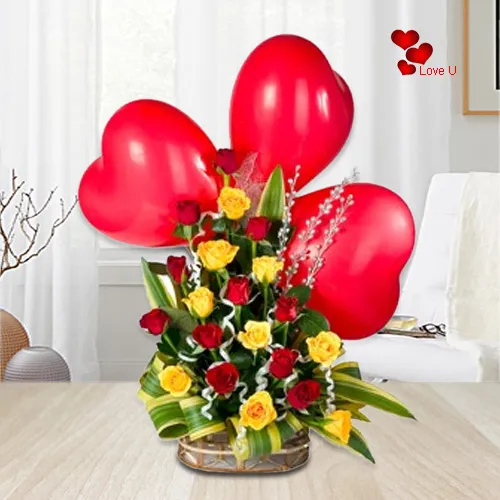Deliver Online   Mixed Roses Basket with Heart Balloons