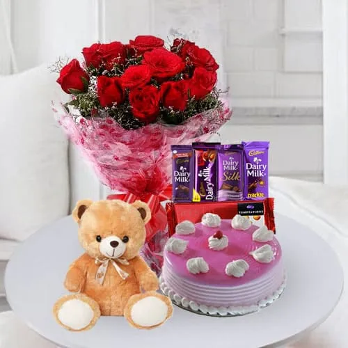 Buy Cake with Chocolates, Teddy n Flowers for Birthday