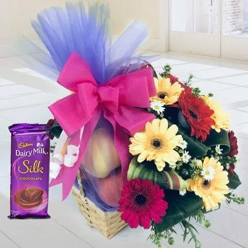 Gorgeous Fruit N Floral Basket with Dairy Milk Silk