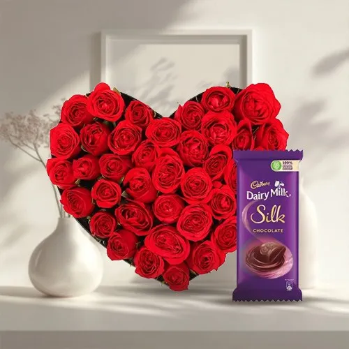 Beautiful Heart Shape Red Rose Bouquet with Dairy Milk Silk