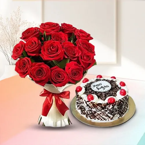 Classy Gift of Black Forest Cake with Red Rose Arrangement