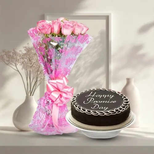 Exclusive Promise Day Combo of Dark Chocolate Cake N Pink Roses Bunch