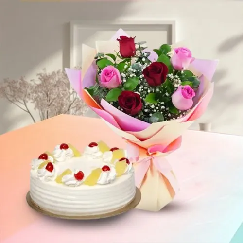 Lip-Smacking Pineapple Cake with Lovely Red N Pink Rose Posy