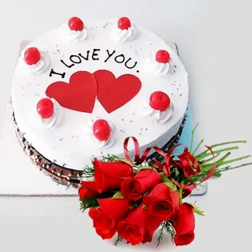 Adorable ILU Black Forest Cake with Red Roses Bouquet