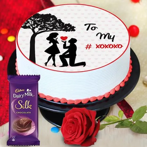 Attractive Propose Day Gift Combo of Personalized Cake, Chocolate N Red Rose