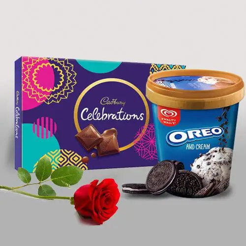 Finest Gift Combo of Cadbury Celebration, Oreo Ice Cream N Single Rose