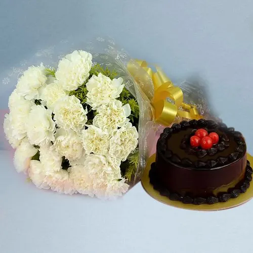 Exquisite Bouquet of 20 White Carnations with Choco Truffle Cake