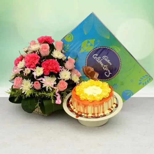 Special Mixed Flower Basket, Butterscotch Cake n Chocolates Combo
