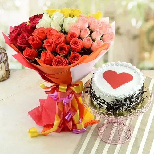 Alluring Combo of 54 Assorted Roses Bouquet with Black Forest Cake