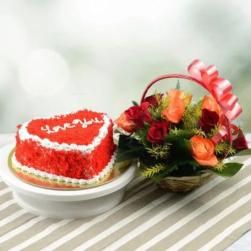 Lovely Combo of Mixed Roses Basket n Love Shape Red Velvet Cake