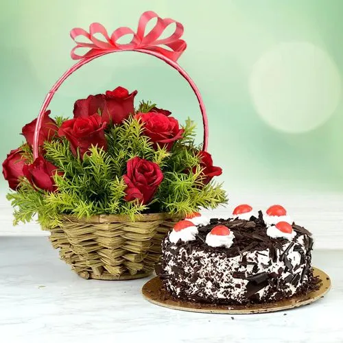 Awesome Gift of 12 Red Roses Basket n Black Forest Cake