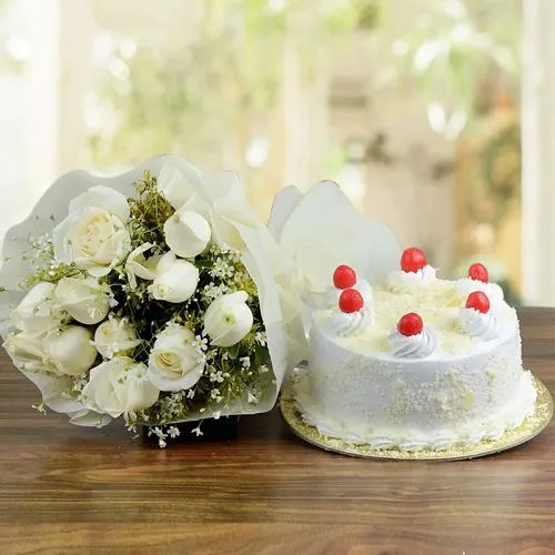 Serene 12 White Roses Bouquet with White Forest Cake