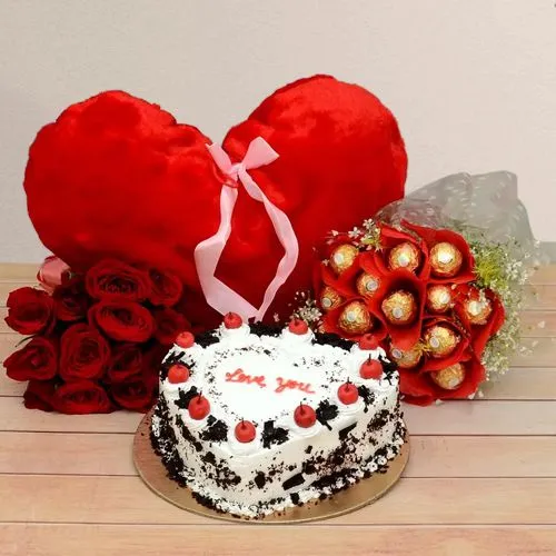 Delightful Red Roses Bouquet with Heart shape Cake, Red Heart Cushion N Chocolate Bouquet