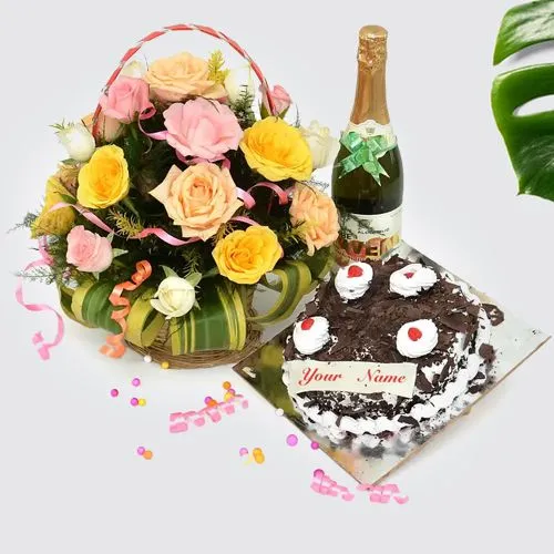 Ravishing Mixed Roses, Black Forest Cake n Sparkling Juice Combo