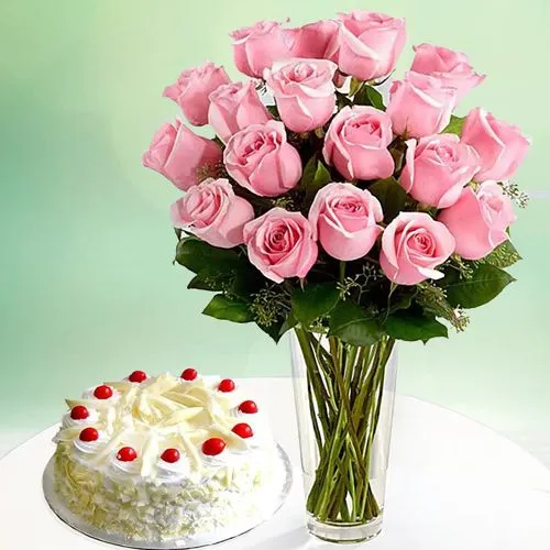 Delicate Pink Rose in Vase with White Forest Cake