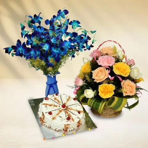 Ravishing Blue Orchids in Vase N Mixed Roses Basket with Butterscotch Cake