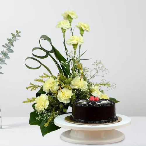 Soothing White Carnation Bouquet n Choco Truffle Cake Combo