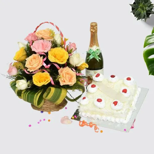 Superb Combo of Mixed Roses Basket with White Forest Cake n Fruit Juice