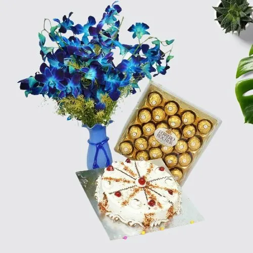 Stunning Combo of Blue Orchids, Butterscotch Cake n Ferrero Rocher