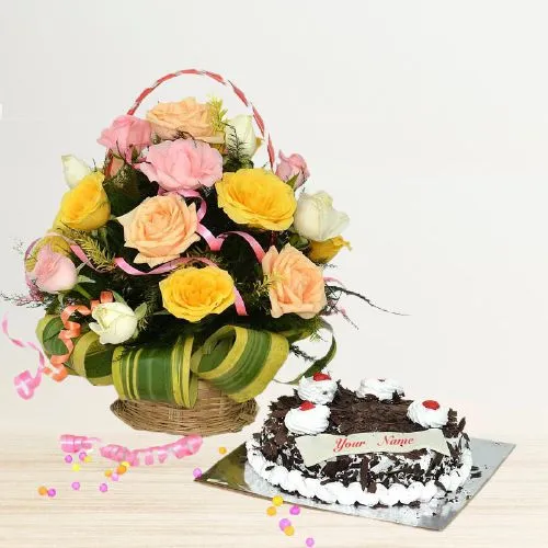 Sensational 24 Mixed Roses Basket n Black Forest Cake Combo