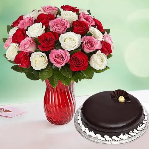 Delicious Chocolate Cake n 36 Mixed Roses Vase COmbo