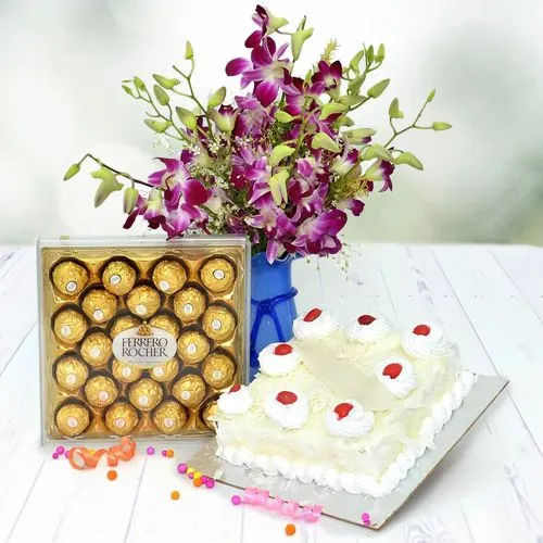 Amazing Gift of Purple Orchids in Vase, White Forest Cake N Ferrero Rocher