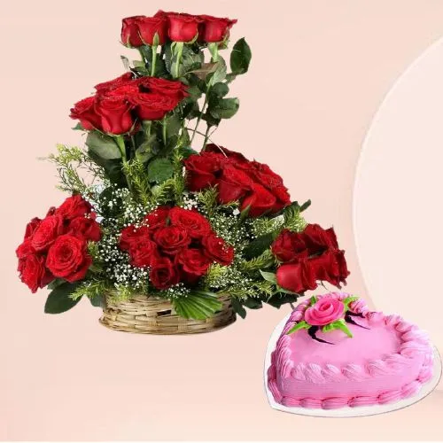 Delightful Combo of Red Roses Long Basket n Strawberry Cake