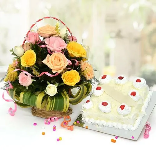 Delightful Basket of Mixed Roses with White Forest Cake