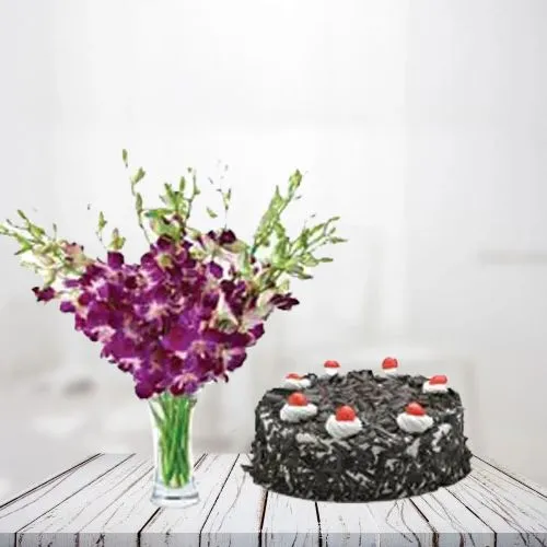 Delicious Black Forest Cake n Blue Orchids in Vase Gift Combo