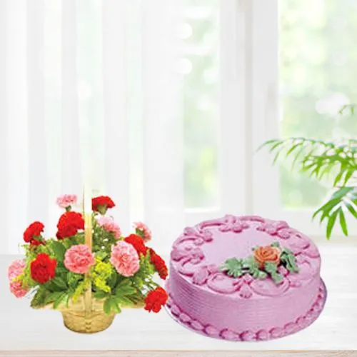 Scrumptious Strawberry Cake with Colorful Carnations Basket