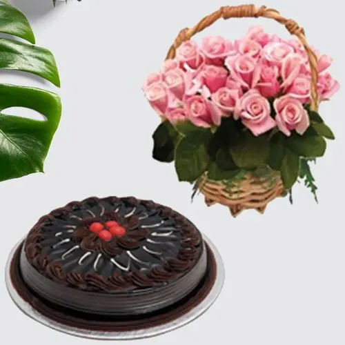 Enticing Basket of 50 Pink Roses with Chocolate Cake