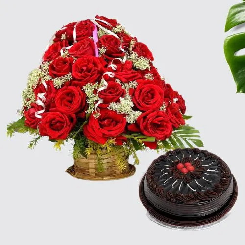 Dazzling Combo of 50 Red Roses Basket with Chocolate Cake