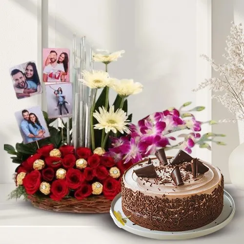 Beautiful Flowery, Chocolaty N Personalized Picture Basket with Chocolate Cake