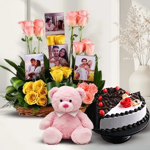 Impressive Roses N Personalized Photo Basket with Love Cake n Cute Teddy