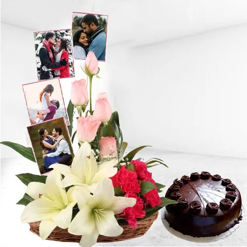 Radiant Combo of Mixed Roses N Personalized Photo Basket with Chocolate Cake